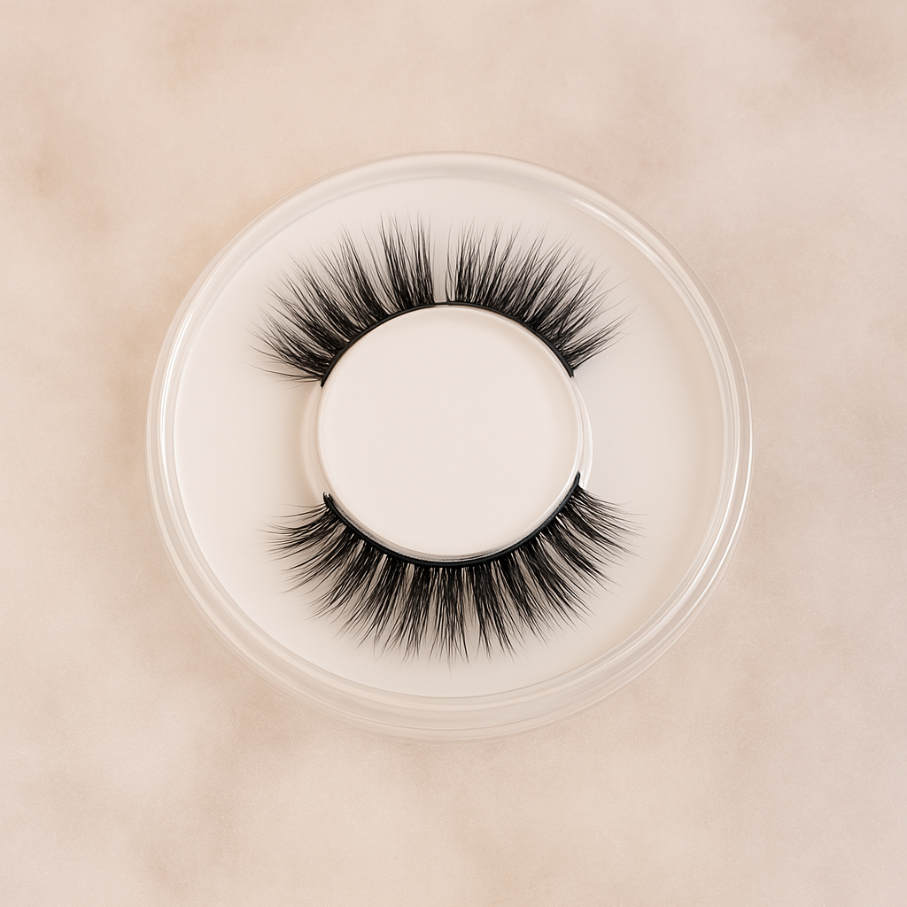 Pair of false eyelashes in a clear container on a beige background